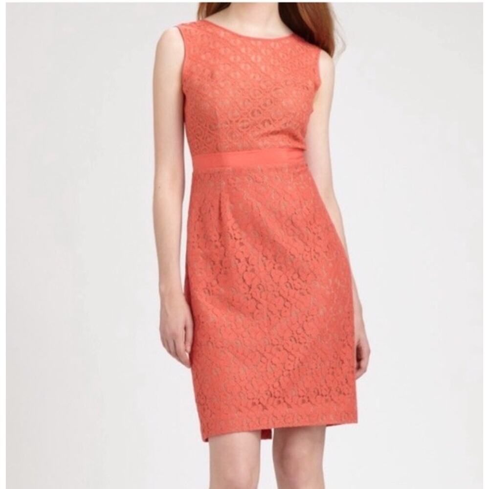 BCBG Max Azria “Alice” Floral Lace Overlay Sheath Dress Women’s Sz 8 Coral NWT